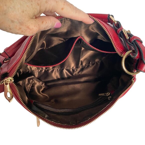 Kattee Red Leather Purse Gold Hardware Satin Interior 5 Pockets Zipper Closure - Picture 7 of 12